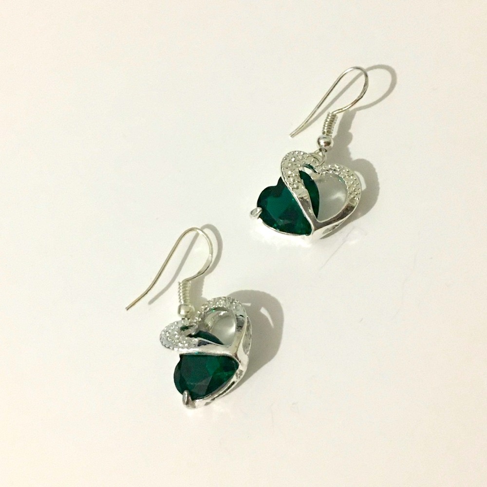 Sterling Silver Double Heart Emerald Earrings. New